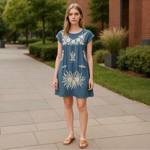 Bindu Blue Linen Short-Sleeve Mini Dress with White Floral Embroidery